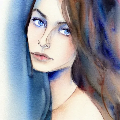 Image similar to outdoor portrait of a very beautiful young woman with gorgeous eyes, high cheek bones, flowing hair, incredible watercolor painting