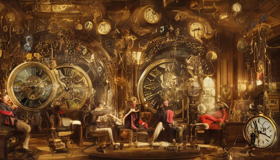 Image similar to coldplay in a circular common room full of antique clocks, high detail, steampunk, fantasy, mechanical, 4 k, trending on artstation