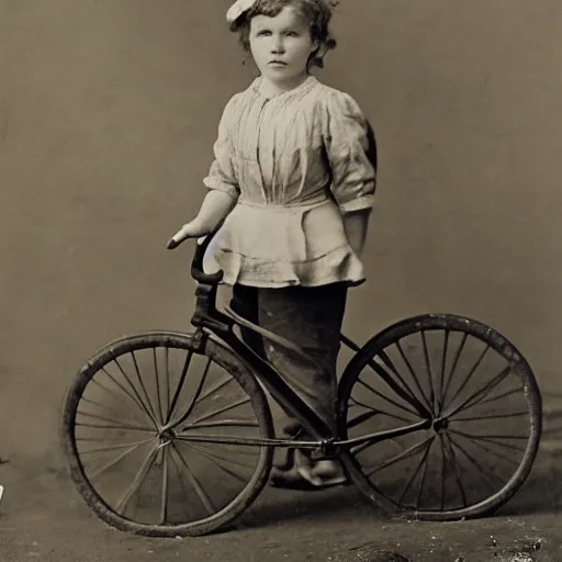 Image similar to close up portrait of a victorian child standing in with a bicycle, 8 k, soft lighting, highly detailed realistic, face in focus 1 8 9 0's liminal