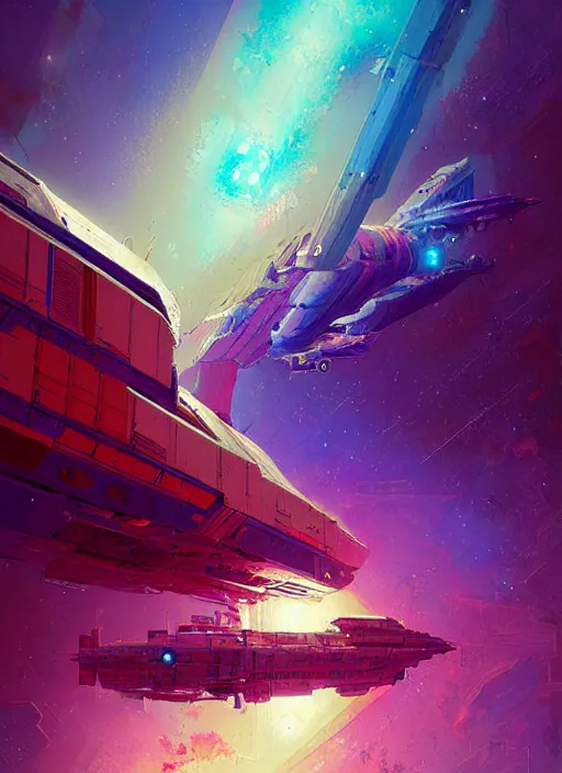 Prompt: starship freighter, greeble, colored nebula by luigi cozzi, by ismail inceoglu