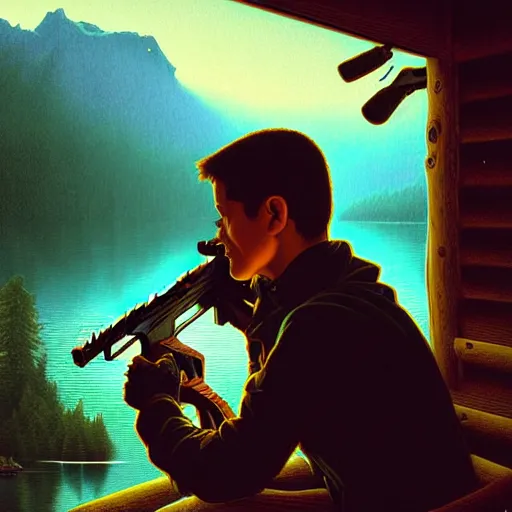 Image similar to digital art, trending on artstation, manny calavera sitting with a rifle, in a cabin, on a lake, sunrise, ultra realistic, concept art, intricate details, eerie, highly detailed, photorealistic, octane render, 8 k, unreal engine. art by artgerm and greg rutkowski and charlie bowater and magali villeneuve and alphonse mucha