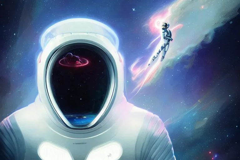 Image similar to Portrait of a Futuristic reflective spacesuit visor mirror spacesuit reflecting a nebula supernova in space, portrait, elegant, intricate, digital painting, artstation, concept art, smooth, sharp focus, illustration, art by artgerm and greg rutkowski and alphonse mucha