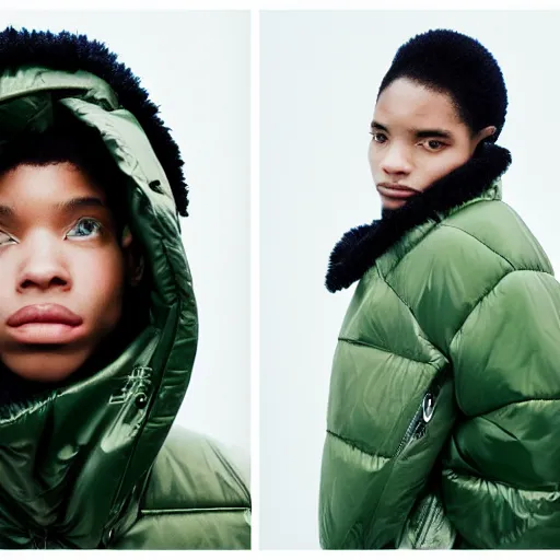 Image similar to realistic! photoshoot for a new balenciaga lookbook, color film photography, portrait of a beautiful woman wearing a puffer jacket, photo in style of tyler mitchell, 35mm