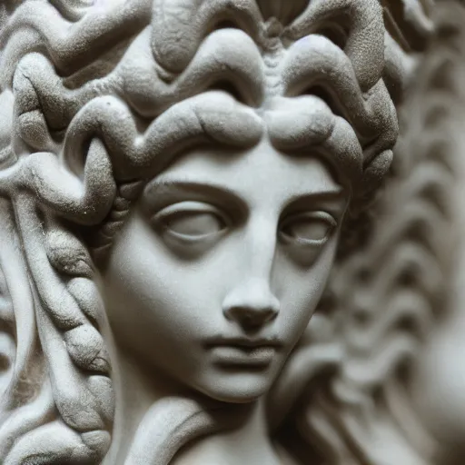 Image similar to a real portrait photo of the mythological medusa, award winning, shallow focus