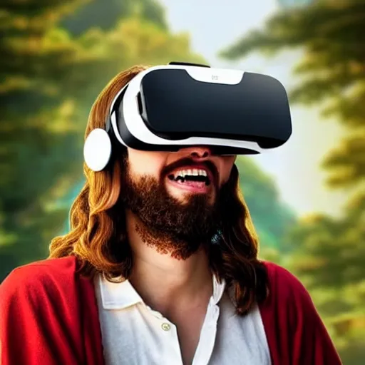 Image similar to jesus wearing a vr headset