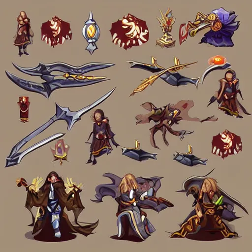 Prompt: A castlevania online game assets spritesheet by blizzard, magic spells and weapons, vector art, very detailed