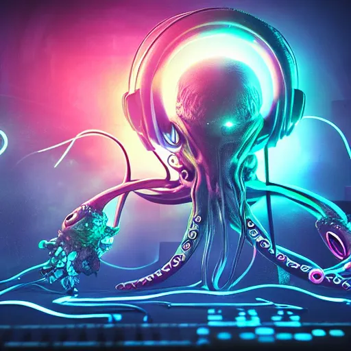 Image similar to cyberpunk octopus with headphones playing synthesizers, lights, lasers, music, highly detailed, realistic,