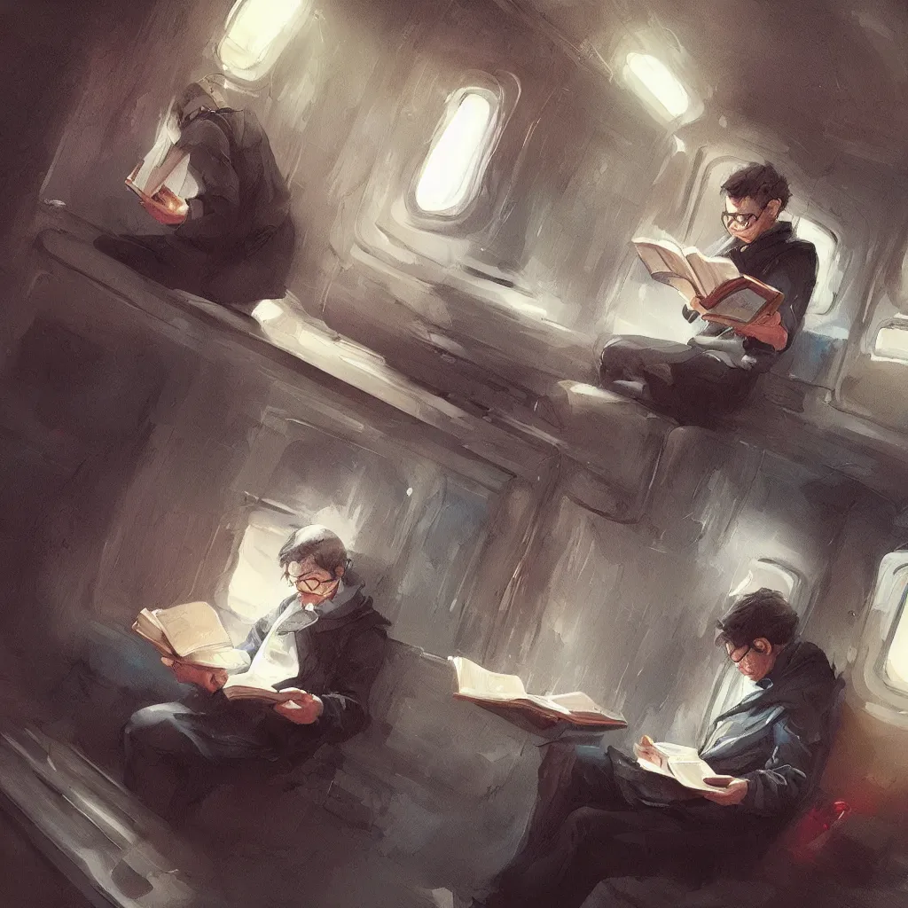 Image similar to a painting of a lone man reading a magical book while sitting in a subway car, by rutkowski and artgerm, highly detailed, trending on artstation, movie concept art, cinematic lighting