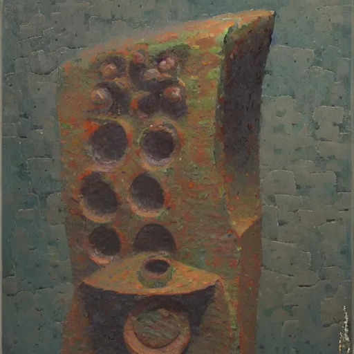 Prompt: a detailed impasto painting by shaun tan and suehiro maruo of an abstract forgotten sculpture by the caretaker and ivan seal