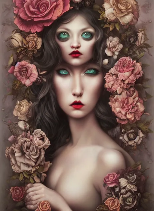 Image similar to pop surrealism, lowbrow art, realistic beautiful seductive girl painting, flowing gown, hyper realism, muted colours, rococo, natalie shau, loreta lux, tom bagshaw, mark ryden, trevor brown style,