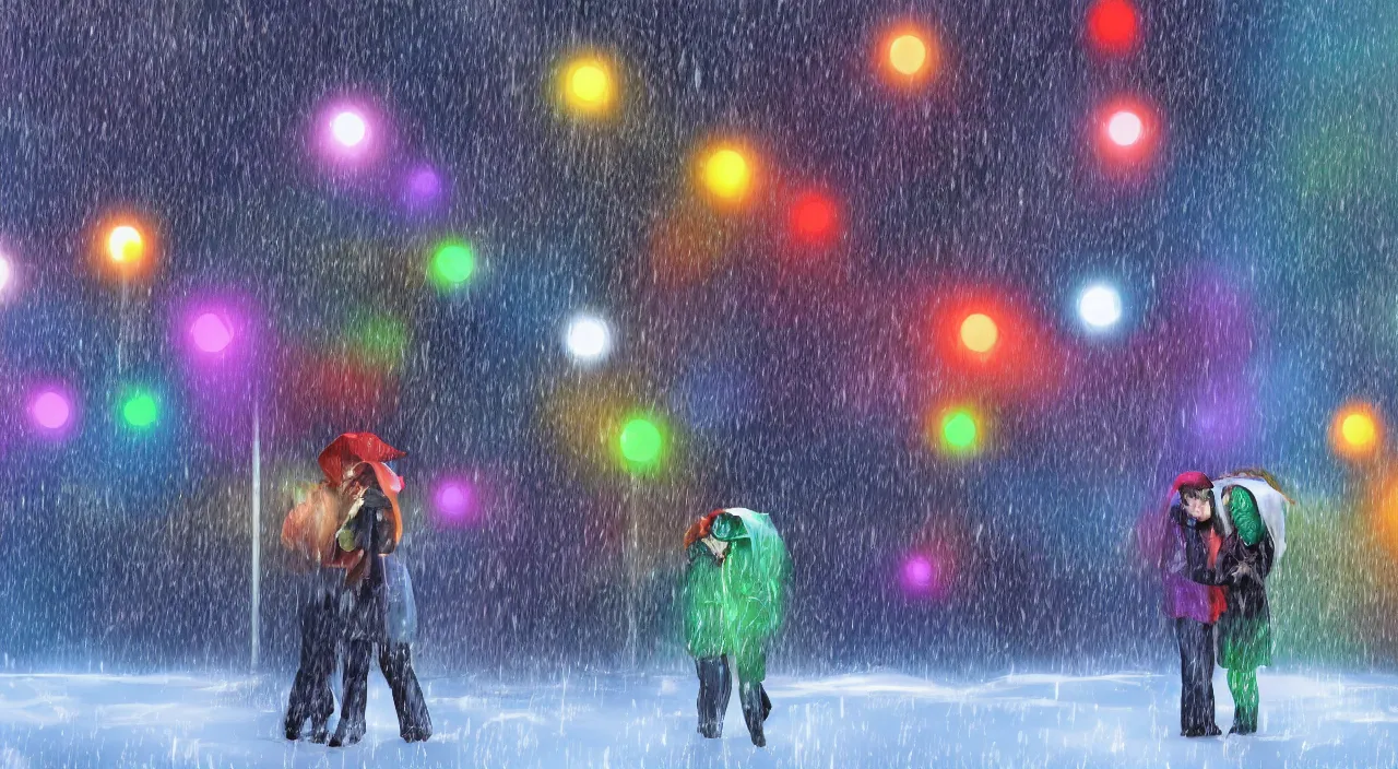 Prompt: multicolor 3 d render of two people hides in snow and rain, falling lights, rendered in maya in high resolution