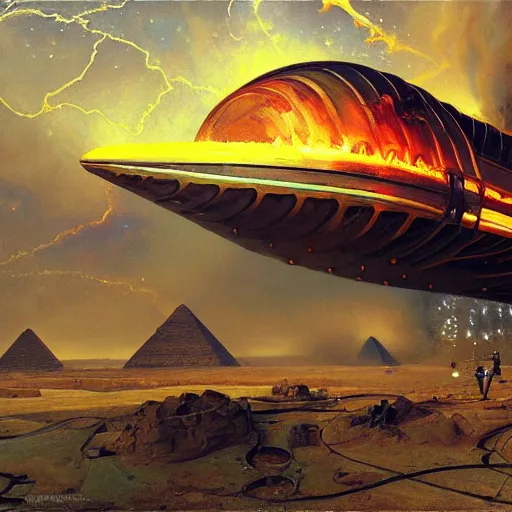 Image similar to a egyptian spaceship, stuck in the ground, the spaceship is on fire, smoke, rainstorm, lightning, angry, kinetic, john sargent, adolphe bouguereaum, norman rockwell, trending on artstation, highly detailed oil painting,