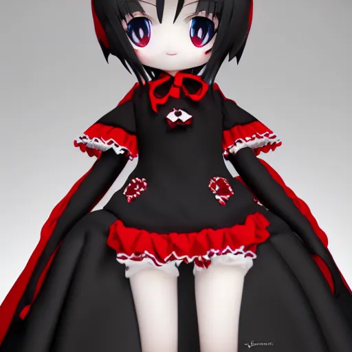 Image similar to cute fumo plush of a gothic maiden in a red and black uniform, laces and ribbons, soft shadow, anime girl, vray