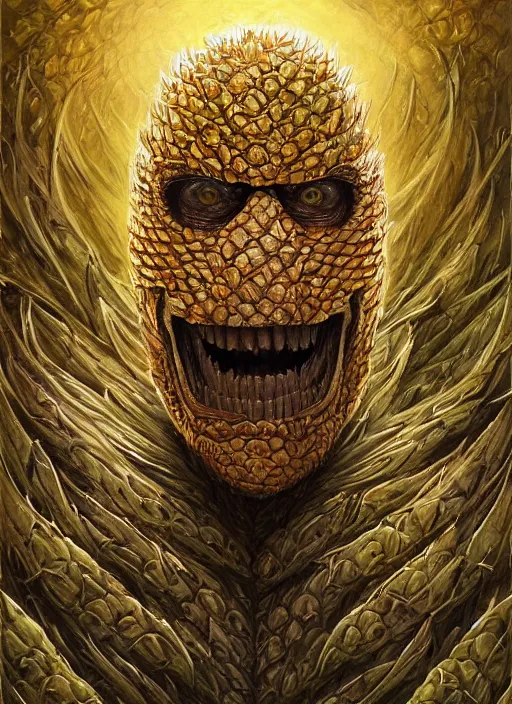 Image similar to pineapple mf doom reptile eyes, luminescent pineapple skin. intricate, elegant, highly detailed, centered, digital painting, artstation, concept art, smooth, sharp focus, illustration, artgerm, tomasz alen kopera, peter mohrbacher, donato giancola, joseph christian leyendecker, wlop, frank frazetta