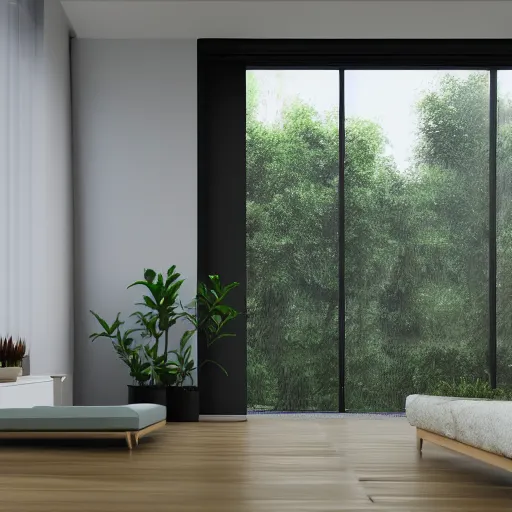 Image similar to a modern indoor room, clean architecture, some plants, peaceful, 8K octane render