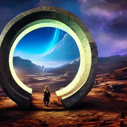 Prompt: stargate made of stone that form a circle, cinematic view, epic sky by android jones