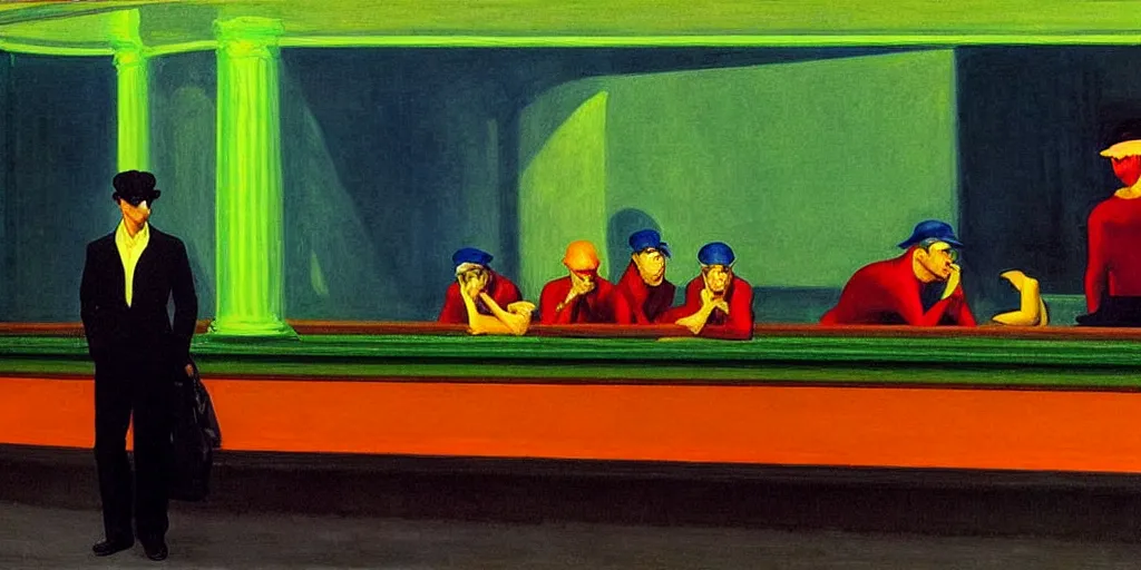 Image similar to jim carrey in the painting nighthawks by edward hopper with