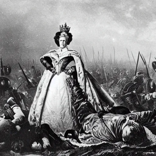 Prompt: a potrait of queen of europe in the middle of bloody battlefield, taken in 1 8 7 0, black and white, kodak