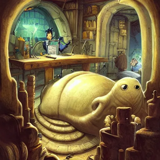 Image similar to giant slug runs amuck in spacious laboratorium with students, monster university, by jean - baptiste monge!!!