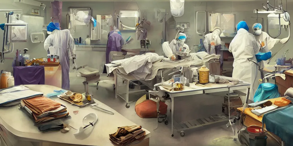 Image similar to an environmental concept art of a babushka surgeon in a cluttered surgery, surgical impliments, surgery table, highly detailed, cinematic, dramatic