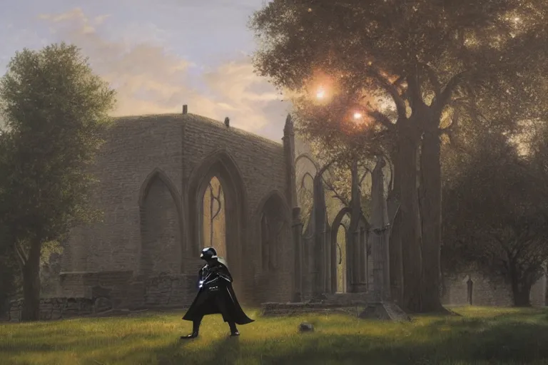 Image similar to a detailed oil painting of darth vader leaving a quaint norman flint church, english, churchyard, trees, golden hour, isometric