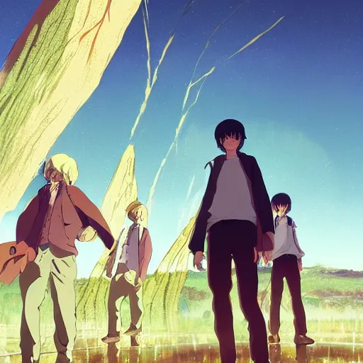 Prompt: three men with their faces hidden all wearing glasses approaching a huge golden ore deposit at dusk, the large ore crystals are gleaming yellow, poster art by makoto shinkai, featured on pixiv, environmental art, official art, anime, movie poster
