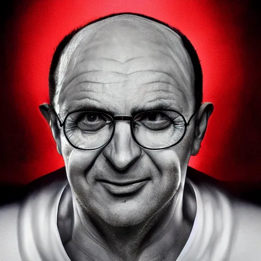 Image similar to avram glazer as the devil reincarnate, owner of manchester united football club, portrait, pure evil, devils horns, avram glazer, satan, hell, 8 k, hyperrealism, symmetry, cinematic lighting - h 1 0 2 4