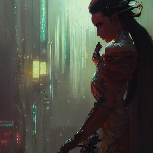 Image similar to cyberpunk samurai , D&D, fantasy, intricate, elegant, highly detailed, digital painting, japanese, future , altered carbon style,trending on artstation, concept art, illustration, art by Artgerm and Greg Rutkowski and Alphonse Mucha