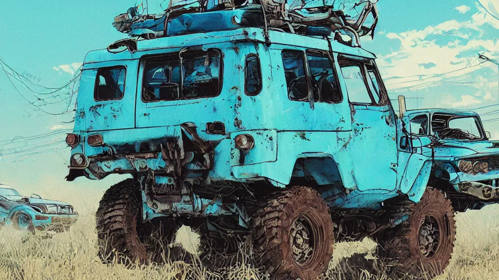 Prompt: digital illustration of a futuristic faded ( ( cyan ) ) mad max's fj 4 0 ( decrepit ) pursuit special, rusty cyberpunk nissan fj cruiser heavily modded 1 9 9 0 s, the last v 8 interceptor by makoto shinkai, ilya kuvshinov, lois van baarle, rossdraws, basquiat