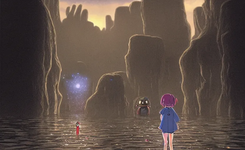 Image similar to a realistic cell - shaded studio ghibli concept art from paprika ( 2 0 0 6 ) of a flying multi - colored cube android from close encounters of the third kind ( 1 9 7 7 ) in a flooded monument valley stonehenge jungle on a misty starry night. very dull colors, wide shot, hd, 4 k, hq