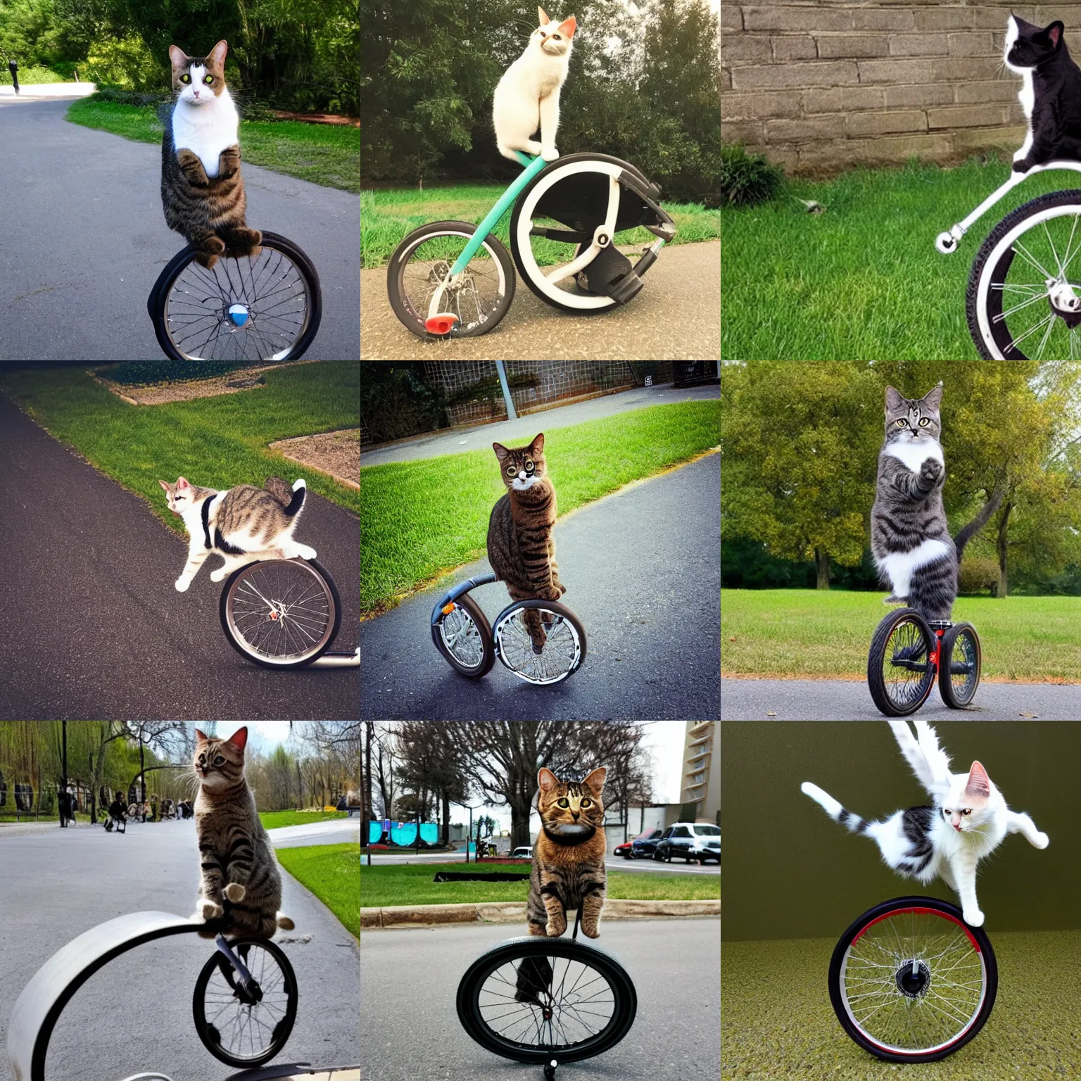 Prompt: photo of a cat riding a unicycle