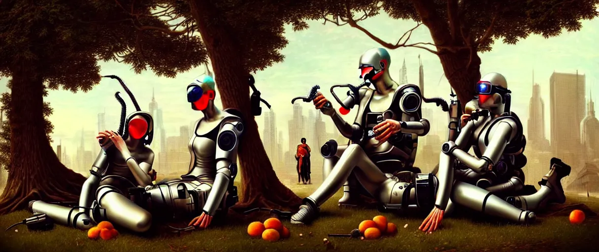 Prompt: minimalist hyperdetailed photorealistic cyborgs under a big tree, eating interesting elaborate fruits, with simple clothing. in the style of Caravaggio, with liberty cyberpunk and flemish baroque mixed media elements. beautiful! accurate hyperrealistic soft pastel tones. matte background HD 8x