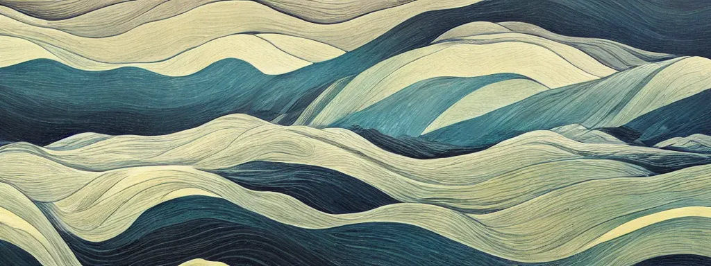 Image similar to An insane, modernist landscape painting. Wild energy patterns rippling in all directions. Curves, organic, zig-zags. Mountains, clouds. Rushing water.