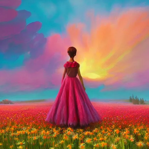 Prompt: giant daisy flower on shoulders, full body girl standing in a flower field, surreal photography, sunrise, dramatic light, impressionist painting, colorful clouds, digital painting, artstation, simon stalenhag