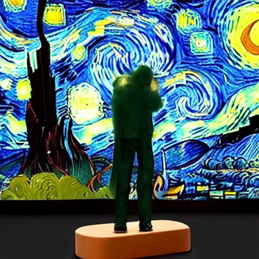 Image similar to prisoner vincent van gogh standing next to his painting starry night which is on an easel, stop motion vinyl action figure, plastic, toy, butcher billy style