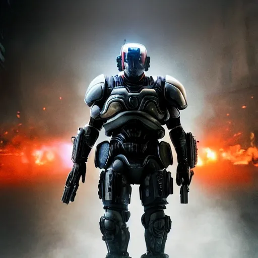 Image similar to kanye west as ( ( robocop ) ) in gears of war, splash art, movie still, cinematic lighting, detailed face, dramatic, octane render, long lens, shallow depth of field, bokeh, anamorphic lens flare, 8 k, hyper detailed, 3 5 mm film grain