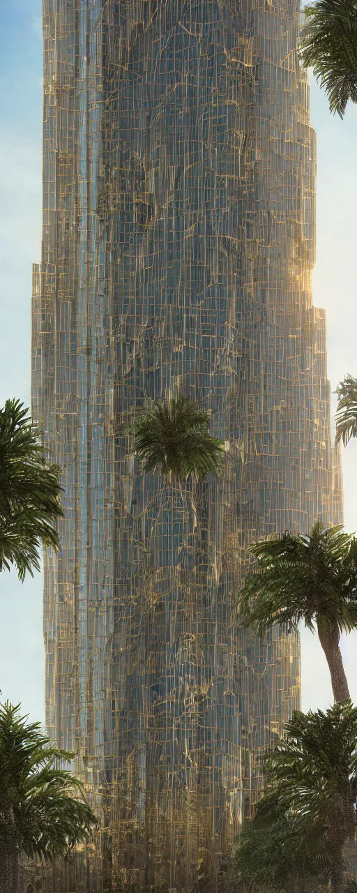 Image similar to photorealistic photo a contemporary babylon tower, golden details, stone facade, sacred geometry architecture, cascading highrise, arid mountains with lush palm forest, sunlight, post - production, octane, cgi, sfx