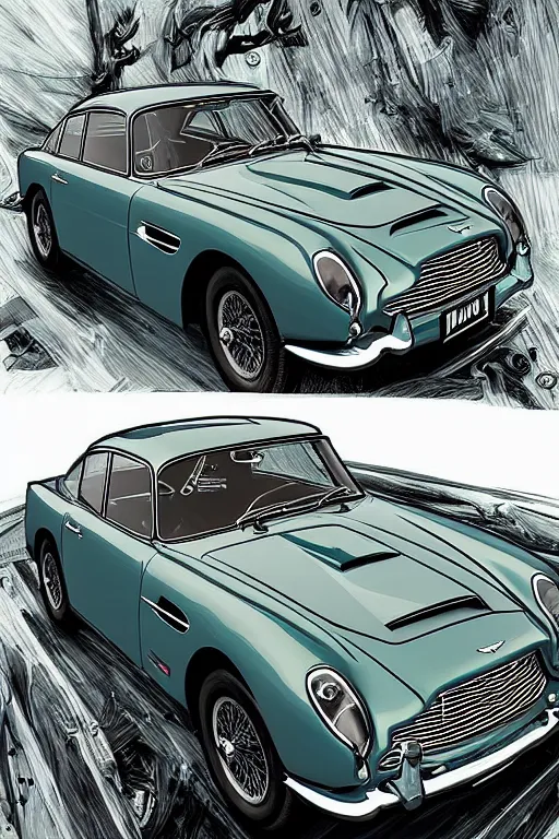 Prompt: 1963 Aston Martin DB5 car designed by Aplle that looks like it is from Borderlands and by Feng Zhu and Loish and Laurie Greasley, Victo Ngai, Andreas Rocha, John Harris