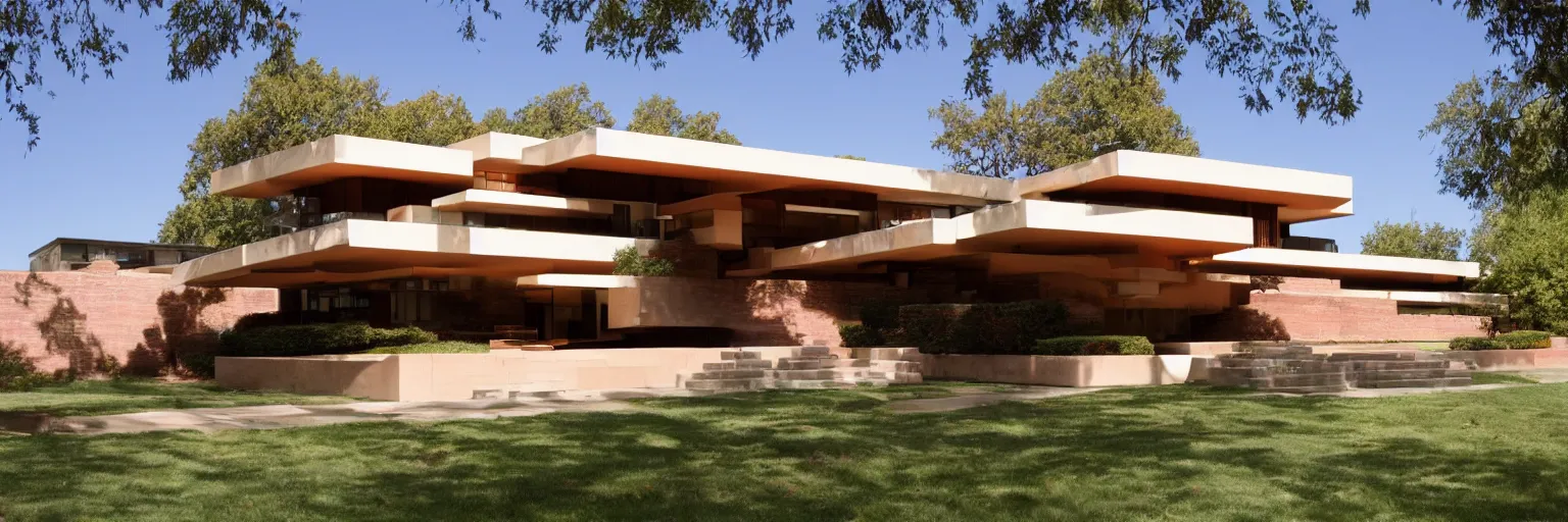 Prompt: midcentury architecture. modernism. wide shot. imagined by frank lloyd wright, photorealistic