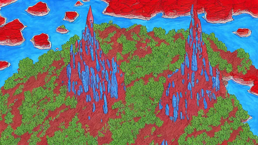 Image similar to Aerial view of a wizard tower surrounded by a blue cave, a red cave, a blue mine and a red mine, lineart, colored