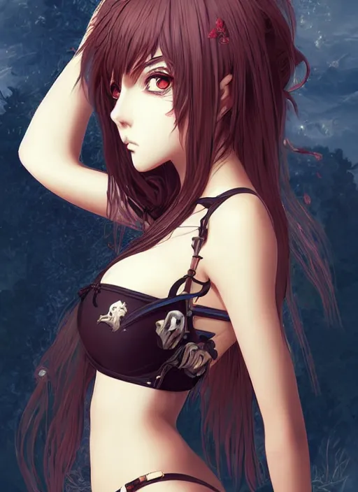 Image similar to portrait of beautiful young gothic anime maiden in bikini armor, cute-fine-face, pretty face, realistic shaded Perfect face, fine details. Anime, cyberpunk, highly detailed, artstation, illustration, art by Ilya Kuvshinov and Gustav Klimt