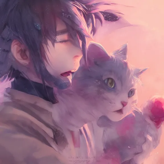 Image similar to emo boy with cat ears and tail, full body, blushing, happy, short smile, hair covering eyes, cinematic lightning, highly detailed, very very very beautiful, trending on Artstation, Unreal Engine 4k, watercolour, pastel, cinematic wallpaper by Stanley Artgerm Lau, WLOP, Rossdraws.