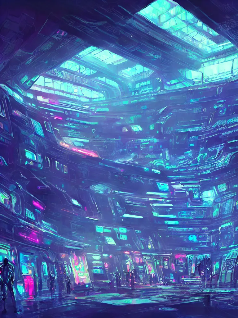 Image similar to the interior of a celestial spaceship cyberpunk hangar in a bioluminescent walls decorated beautifully, lots of cyberpunk design elements like humanoids and mecha robots, warm sunlight shining in, lots of cables and neon signs, concept art 8 k resolution, fantasy illustration, sharp focus, detailed painting, deep color, volumetric lighting, crepuscular rays