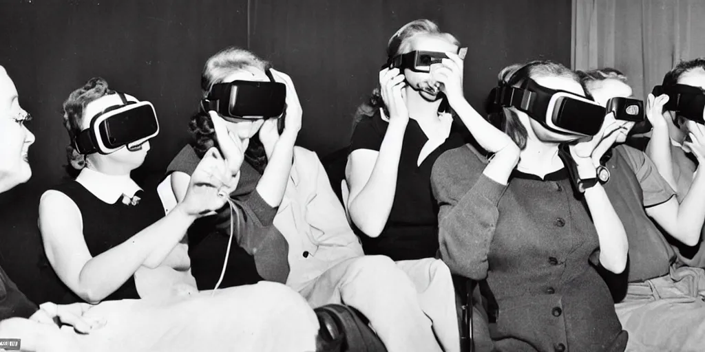 Prompt: people from the 1 9 5 0 s playing with virtual reality goggles, they are in awe, photograph