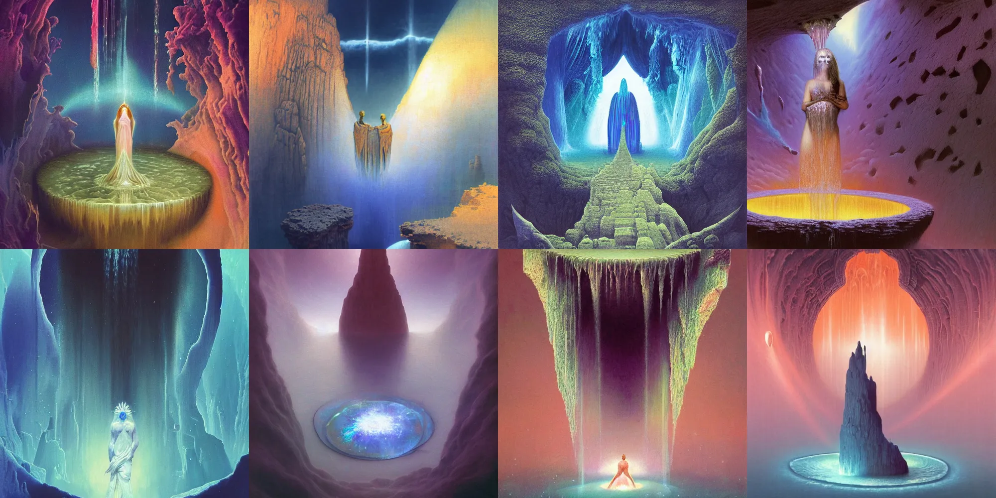 Prompt: closeup of beautiful high priestess, portal to another world, water gate in space, nebula, iridescent shimmering pools, oasis in the desert, floating stones, cascading iridescent waterfalls, dimension of infinite space, by Zdzislaw Beksinski, Tomas Sanchez, greg rutkowski, wlop, artgerm, andrei riabovitchev, nuri iyem, james gurney, james jean, highly detailed, soft lighting, 8k resolution, oil on canvas