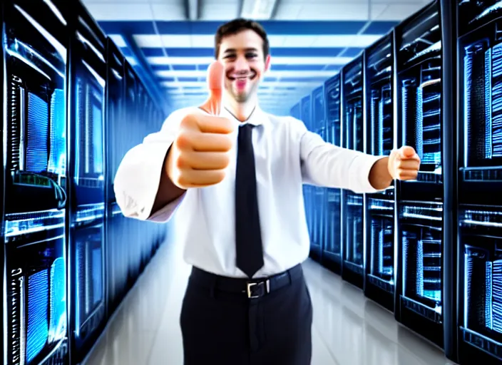 Image similar to A photo of a system administrator doing a thumb up to the camera in front on burning servers, servers in flames, happy system administrator doing a thumb up, uncropped, full body