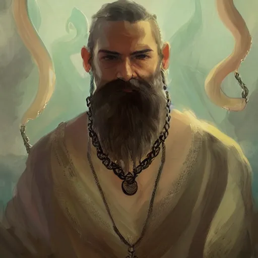 Image similar to A portrait of a cleric of Cthulu with short dark hair and a trimmed beard, he wears a cubic sandstone pendent around his neck, as dark magic emanates from his necklace tentacles spur from the water, digital art by Ruan Jia