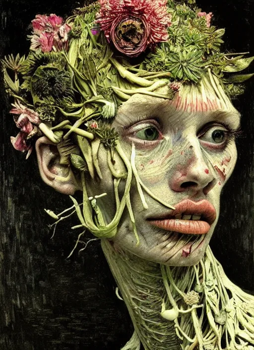 Image similar to beautiful and detailed rotten woman made of plants and many different types of flowers, muscles, intricate, organs, ornate, surreal, john constable, guy denning, dan hillier, manera, van gogh, caravaggio