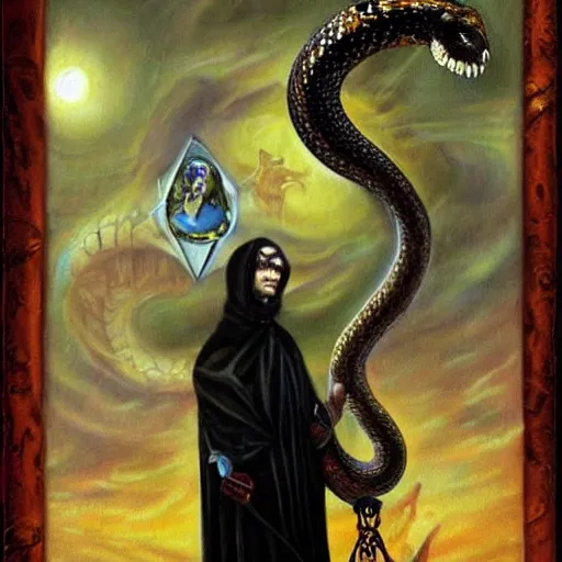 Prompt: a man with a snake around his neck, a surrealist painting by Anne Stokes, tumblr, gothic art, demonic photograph, tarot card, wiccan