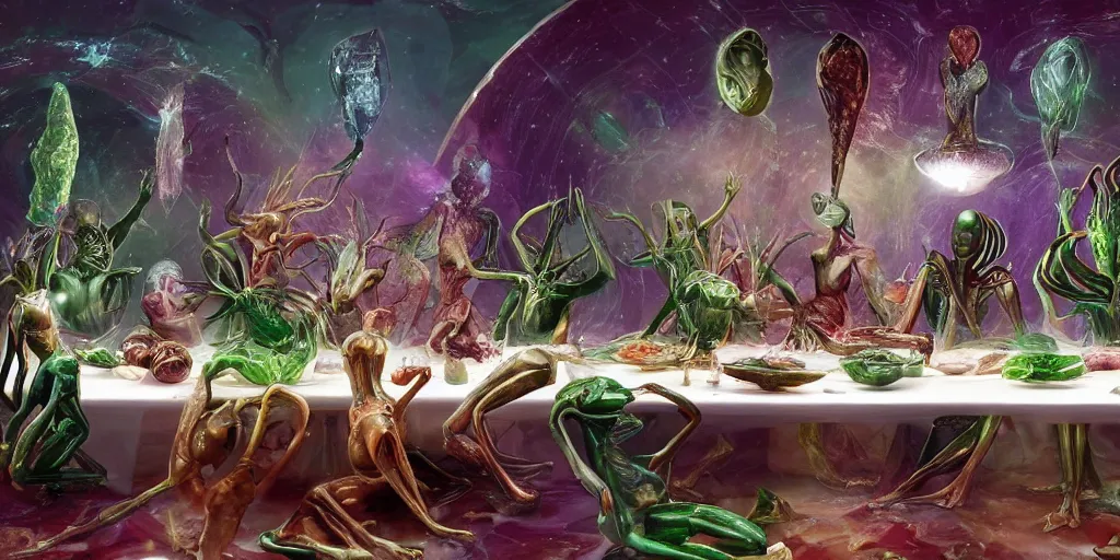 Image similar to !13 very diverse aliens enjoying a rich salad around a marble table, !positioned as last supper cinematic lighting, crystals and diamonds, emeralds, idilic, fantasy, surreal, floating, highly detalied, 4k, artstation, by Wayne Barlowe